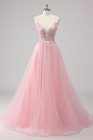 Pink A-Line Spaghetti Straps Tulle Long Prom Dress with Sequined Appliques